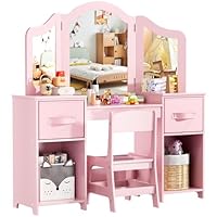 MAMIZO Kids Dressing Table and Chair Set, Children Vanity Tables with Tri-Folding Mirror, 2PCS Fabric Drawers, Wooden Children Study Desk with Stool for Bedroom Playroom, Girls Make-up Dresser, Pink