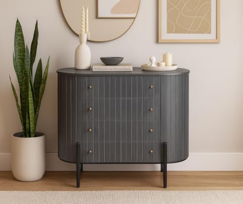 Image of Solid Wooden Oval Chest of Drawers| 4 Drawers Chest | Wooden Storage Cabinet | Mango Wood, Premium Grey Finish