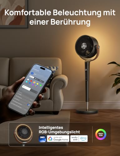 DREO 20dB leiser Smart Standventilatorr für Schlafzimmer mit RGB-LED, 150°+120° Oszillation, 30m Luftumwälzgebläse und 2209m³/h Luftvolume, 12 Geschwindigkeiten, 6 Modi, 94-107cm Höhe, WLAN & Alexa