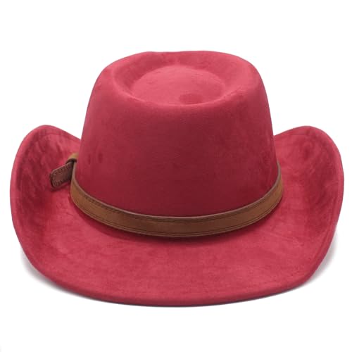 Image of Unisex Western Suede Cowboy Cowgirl Hat Classic Wide Brim Fedora Hat for Men &Women