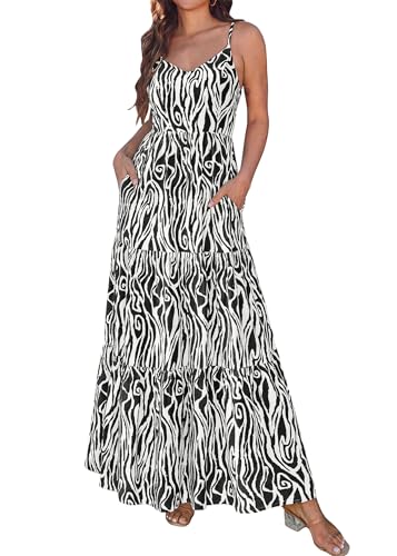 Image of KIRUNDO Sundresses for Women 2026 Spring Summer | Boho Floral Print Hawaiian Style, Sleeveless Spaghetti Strap, With Pockets, Beach Vacation Cruise Flowy Maxi Dress