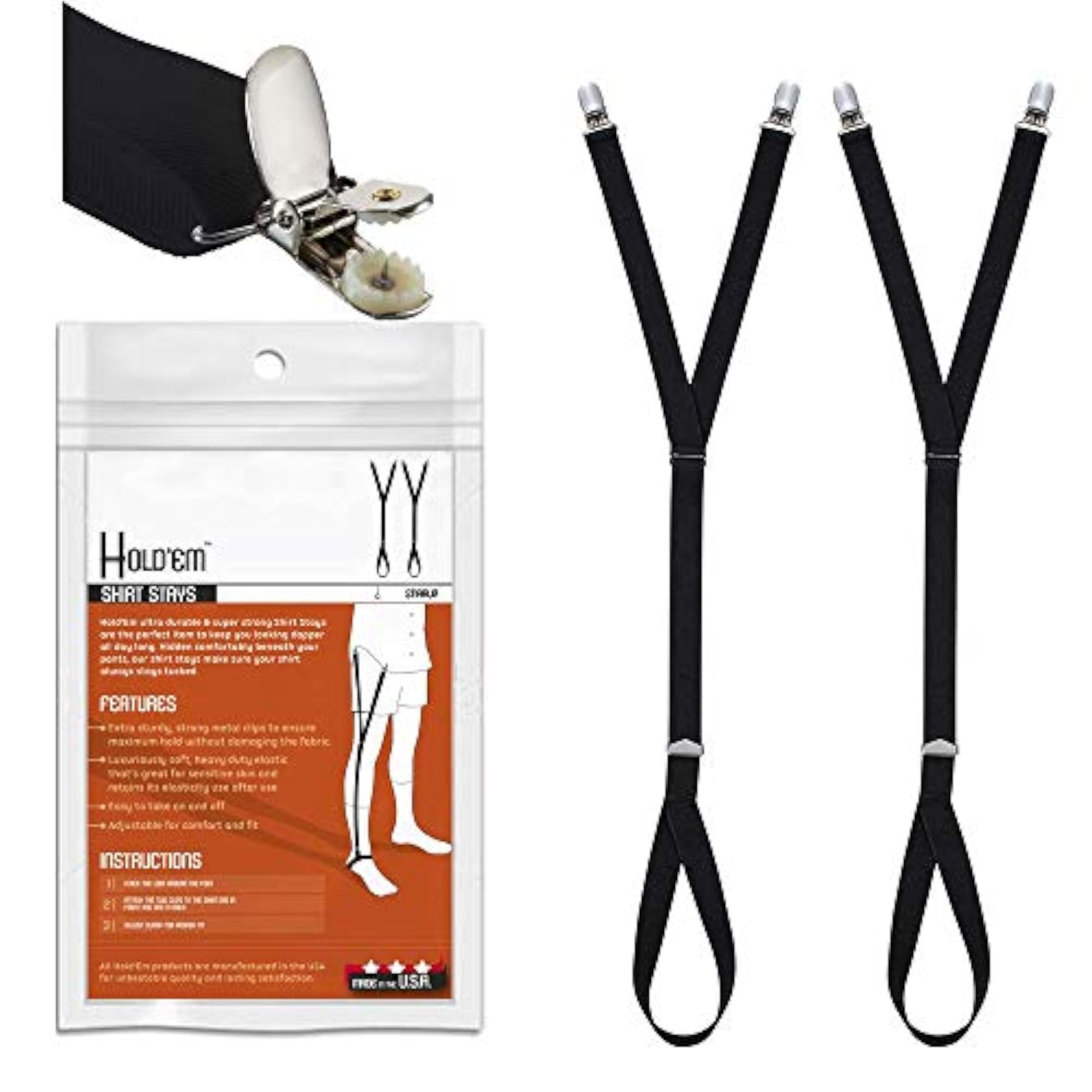 Hold'Em Premium Shirt Stays with Metal Pin Clip