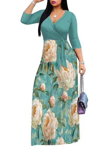 Image of PinkPatty Plus Size Maxi Dress for Women 3 /4 Sleeve Casual Long Dress | Soft stretchy fabric, functional pockets, flattering wrap v neck for vacation, casual wear and everyday styling