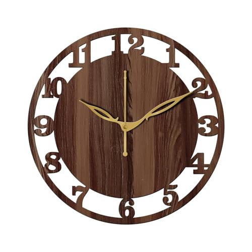 Image of SKYVILLA 12 Inch Wooden MDF Analog Wall Clock Brown | English Numerals, Silent Quartz Movement, Lightweight, Without Glass Design