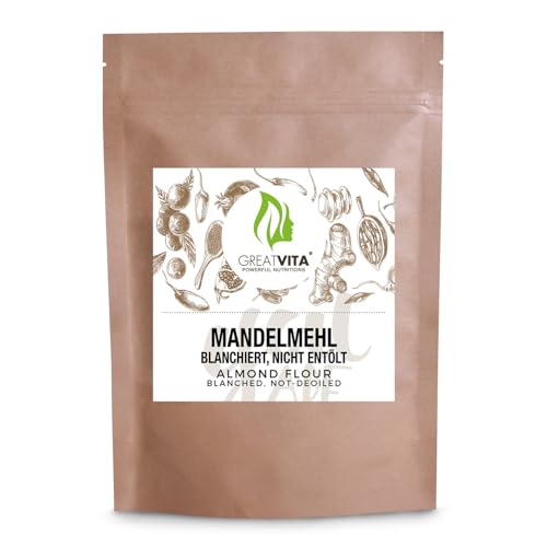 GreatVita Mandelmehl, 1000g | naturbelassen & blanchiert | feines Mehl aus gemahlenen Mandeln - ideal für Low-Carb Küche, Backen & Panieren | reich an Proteinen & Ballaststoffen, vegan