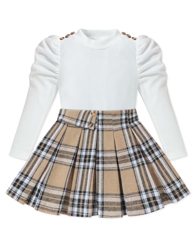 Image of Fuermos Toddler Girl Clothes Puff Sleeve Top and Pleated Girls Plaid Skirt Set 2PCS Girls Outfits Fall Winter