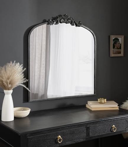 Image of Kate and Laurel Arendahl Ornate Traditional Square Arched Mirror; 28 x 30; Antique Black; Decorative Baroque Style Arch Vintage Mirror with Wide Frame and Ornamental Crown