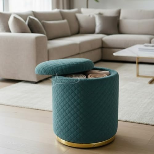 Image of Premium Round Storage Ottoman Stool 16 X 16X 19 inch, with Gold Metal Base | Luxury Pouffe with Hidden Storage | Cushioned Footrest for Living Room, Bedroom & Lounge Aqua