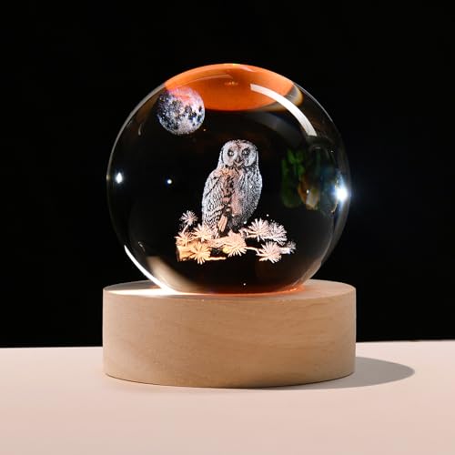 Image of 3D Owl Crystal Ball 60mm Owl Figurines in Crystal Ball Decor Collectibles Snow Globes Gift Glass Sphere with Wooden Light Base | Owl Figurines Room Decor Collectibles Snow Globes Gift for Friends Coworkers Glass Sphere with Wooden Light Base