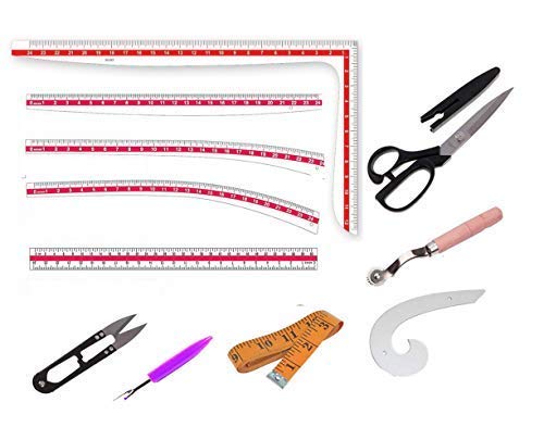 Hb. Kaaj Tailoring Kit Set of 11 | Sewing Kit with 5 Type Tailoring Scales | Scissor, Tracer Wheel, Inch Tape, Thread Cutter & Opener | Multicolor