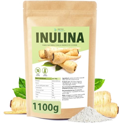 Detox Organica-Inulina in polvere-1100g-inulina di cicoria-Fibra Vegetale Prebiotica riduce l'assorbimento di zuccheri e grassi-Vegana
