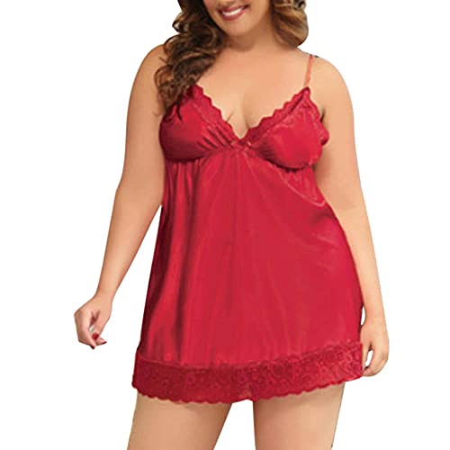 Aniywn Women Plus Size Lace Babydoll Lingerie Sexy Satin Sleepwear Chemise Silk Nighty Lingerie Sets M-6XL Red