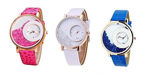 Anjani Collection Analog Modern Analogue Diamond White Dial Watch for Girls and Women Pack of 3 (Pink-White-Blue)