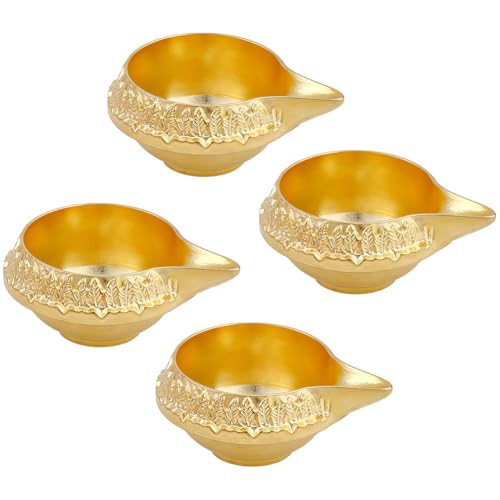 CRAFTYMELODY 4 Stück Öl Lampe Kuber Diya Diwali Dekoration 2.48 Zoll Indisch Puja Diya Öl Lampe Gold Graviert Design für Heim Tempel Diwali Geschenke