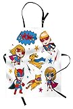 Lunarable Superhero Apron, Super Cat Puppy with Power Comic Strips Style Playroom Image, Unisex Kitchen Bib with Adjustable Neck for Cooking Gardening, Adult Size, Blue Pink