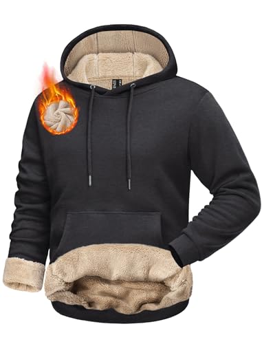 EKLENTSON Mens Thermal Hoodie Winter Sherpa Fleece Lining Sweatshirts Work Casual Warm Outdoor Hoodie Pullover with Pocket Dark Grey,L