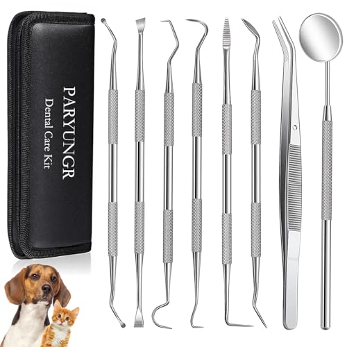 PARYUNGR 8 Pcs Dental Tools Pet Dog Teeth Cleaning Tool Kit, Stainless Steel Dental Picks Mouth Mirror Tooth Scraper Plaque Tartar Remover, Pets Oral Care Hygiene Set for Dogs and Cats Use with Case