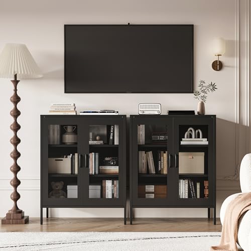 Black Metal Storage Cabinet,Metal Locker Storage Cabinet with 2 Mesh Doors and Adjustable Shelves,Kitchen Pantry Cabinets for Home,Sideboard,Living Room,Office(40" H) - Image 3