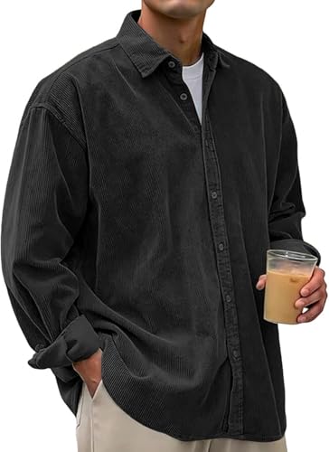 PADOLA Velours Côtelé Chemise Homme Manches Longues Col Revers Boutonnées Surchemise Décontractée Chemises Cowboy Western Légère Veste mi Saison Blouson de Travail (1 Noir, XL)