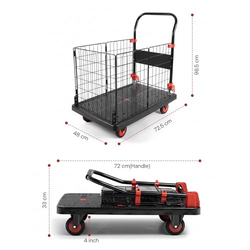 Image of BonKaso 150Kg Foldable Platform Trolley with Basket Cage | Portable Heavy-Duty Plastic Hand Truck with 360 Rotating Wheels Cart for Office, Warehouse & Outdoor (72.5x48.5x98.5cm) Black