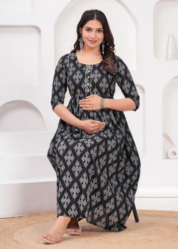 Image of Women Feeding Kurti for Women Cotton Maternity Kurta with Nursing Zip for Pre & Post Pregnancy