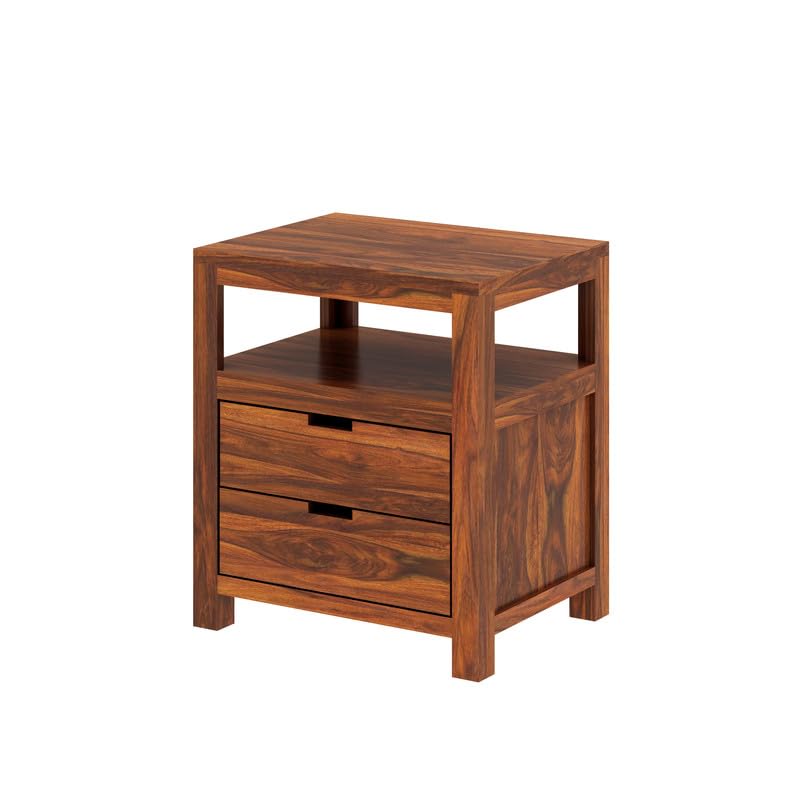 Image of Solid Sheesham Wood Bedside Table with 2 Drawer & 1 Open Shelf Storage for Bedroom, End Table, Side Table for Living Room Home (Natural Finish)