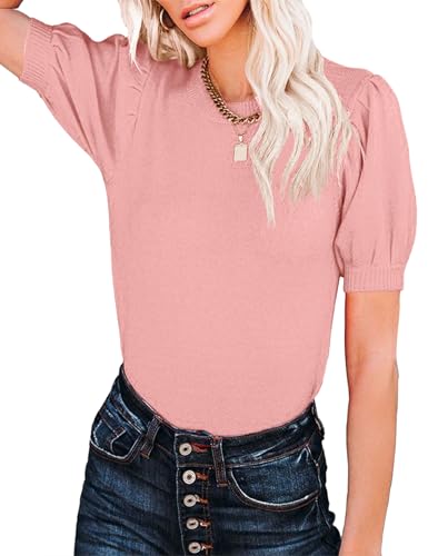 Image of Womens Puff Short Sleeve Sweater Tops Crewneck Basic Knit Pullover Lightweight Casual Sweaters