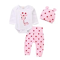 Juflam Neugeborene Baby Mädchen Kleidung Giraffe Strampler+Rosa Punkt Hose+ Hat 3Pcs Bekleidungssets (Mehrfarbig, 6–12 Monate)