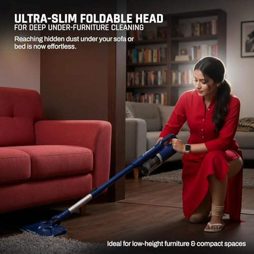 Image of DOMESTICA Trio Sweep Vacuum Cleaner for Home Use Wet and Dry | 3 in 1 Vacuum, Handheld, Mop Modes | 15KPA Strong Suction, Ultra Slim Foldable Head, Low Noise Design | 400ml Water Tank, Corded | Blue