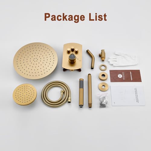 Sistema de Ducha para Techo de 12 Pulgadas MONDAWE en Acabado Dorado Cepillado, Juego de Grifo de Ducha con 3 Funciones, Cabeza de Ducha Lluvia Dual y Chorro de Alta Presión Manual, Todas las Funciones Usables Simultáneamente miniatura 6