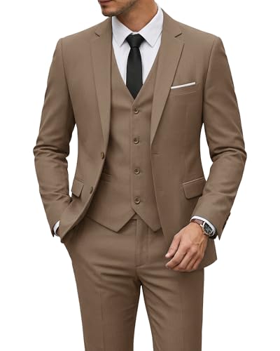 Image of YND Men's 3 Piece Suit with Tie, Solid Color Slim Fit Jacket Vest and Pants