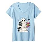 donna pumpkin spice latte ghost holding black cat halloween maglietta con collo a v