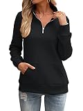 Kapoohott Damen Pullover Sweatshirt Half Zip Langarm Hoodie Winter Casual Revers Pulli Tops mit Taschen(M,A-Schwarz)
