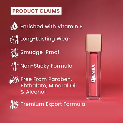 Image of ENIRA Blood Red Liquid Lipstick for Women | 4ml | Matte Liquid Lipstick | Waterproof | Transfer Proof | Smudge Proof | Long Lasting | Highly Pigmented | Vitamin E | Lightweight Non-Sticky Formula x