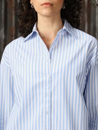 Image of High Star Women Cotton Striped Oversized Fit Collar Full Sleeves Shirts