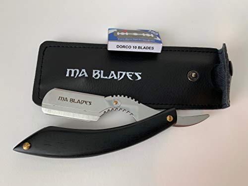 MA BLADES Black Wood Handle Professional Straight Razor/10 Razors