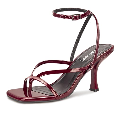 Image of Carcuume Womens Kitten Heels Square Toe Thong Strappy Ankle Strap Stiletto Heel Sandals