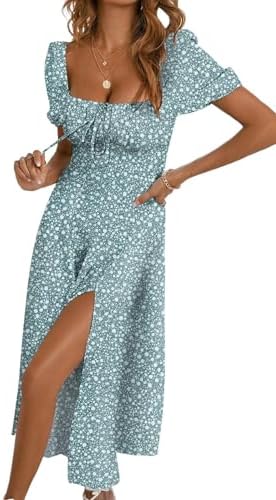 BLENCOT Womens Casual Summer Square Neck Short Sleeve Split Thigh...