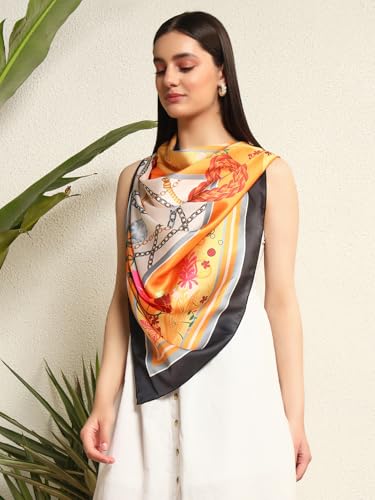 Image of Ravaiyaa - Attitude is everything Women Silk Digital Print Large Square Scarf Breathable Lightweight Neckerchief Printed Headscarf 40 inch x 40 inch Inch