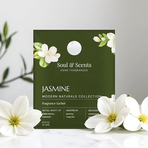 Image of Soul & Scents Jasmine Serenity Fragrance Sachet | Essence of Orris and Patchouli | Versatile Air Freshener for Car, Wardrobe, Kitchen, and Travel Bag | Pack of 3-20gm Each