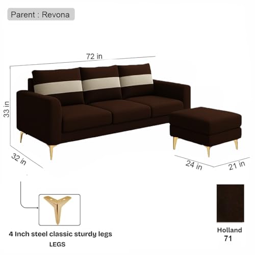 Image of FURNY Nova 4 Seater L Shape Sofa Set with Movable Ottoman | Flexible Left or Right Layout | Plush Velvet Fabric (Brown-Cream) | Perfect for Living Room, Guest Room & Office