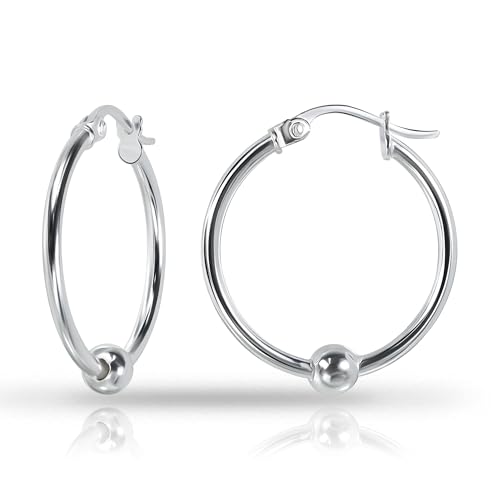 Hoops & Loops 925 Sterling Silver Ball Bead Accent Click-Top Hoop Earrings for Women Men, 12mm, 15mm, 18mm, 25mm | Silver, Yellow & Rose Gold