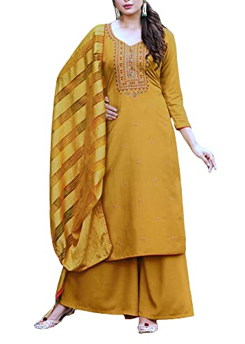 Rich Crape Plain Embroidered Salwar Kameez Suit with Silk Dupatta Palazzo Pant