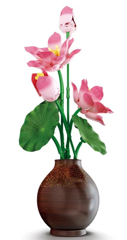 LQPFBSM Lotus Flower Botanical Building Block Set 256 Pcs Artificial Floral Bouquet Model Kit for Adults & Teens Creative Plant Home Office Desk Decor & Elegant Aesthetic Display Gift