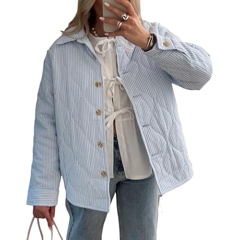 FOMOYUU Women Y2K Quilted Jacket Turn Down Collar Striped Print Button Padded Coat Lightweight Long Sleeve Puffer Outwear (Blue, S) Cover