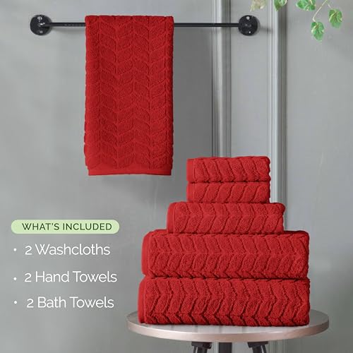 Image of Elegant Comfort Luxury 6-Piece 100% Turkish Cotton Jacquard Braided Textured Premium Hotel Quality Towel Set- Soft and Absorbent, Includes 2 Bath Towels, 2 Hand Towels and 2 Washcloths, Red