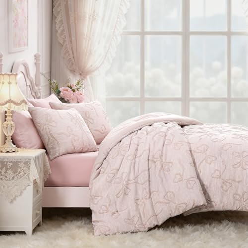 Image of Andency King Size Cute Comforter Set, 3 Pieces Pink Boho Tufted Bedding Set, 3D Puffy Bow Comforters for All Seasons (1 Comforter, 2 Pillow Shams), 104 inchx90 inch, Soft Peach