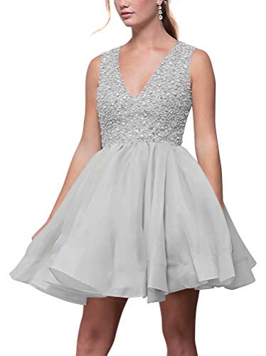 Lilibridal Women's Organza Sequin Short Homecoming Dress Beaded Prom Gown(Light Grey,10)