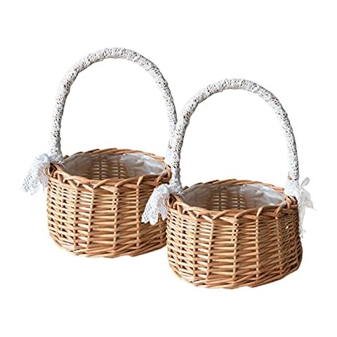 ASSR 2PCS Woven Storage Basket w/Handle and Ribbon,Wedding Flower Girl Baskets,Wicker Rattan Flower Basket for Home Garden Decor -A1 Cover