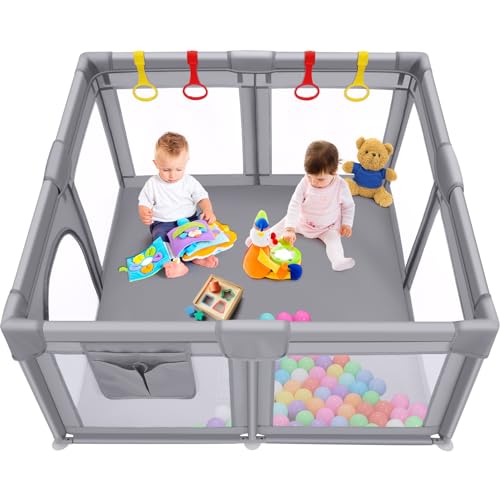 Image of Sailnovo Baby Playpens for Babies and Toddlers, Large Baby Play Pen Yard for Kids Activity Center, Baby Fence Play Area with 8 Anti-Slip Suckers, 4 Handlers, Storage Bag, Grey(51'x51')